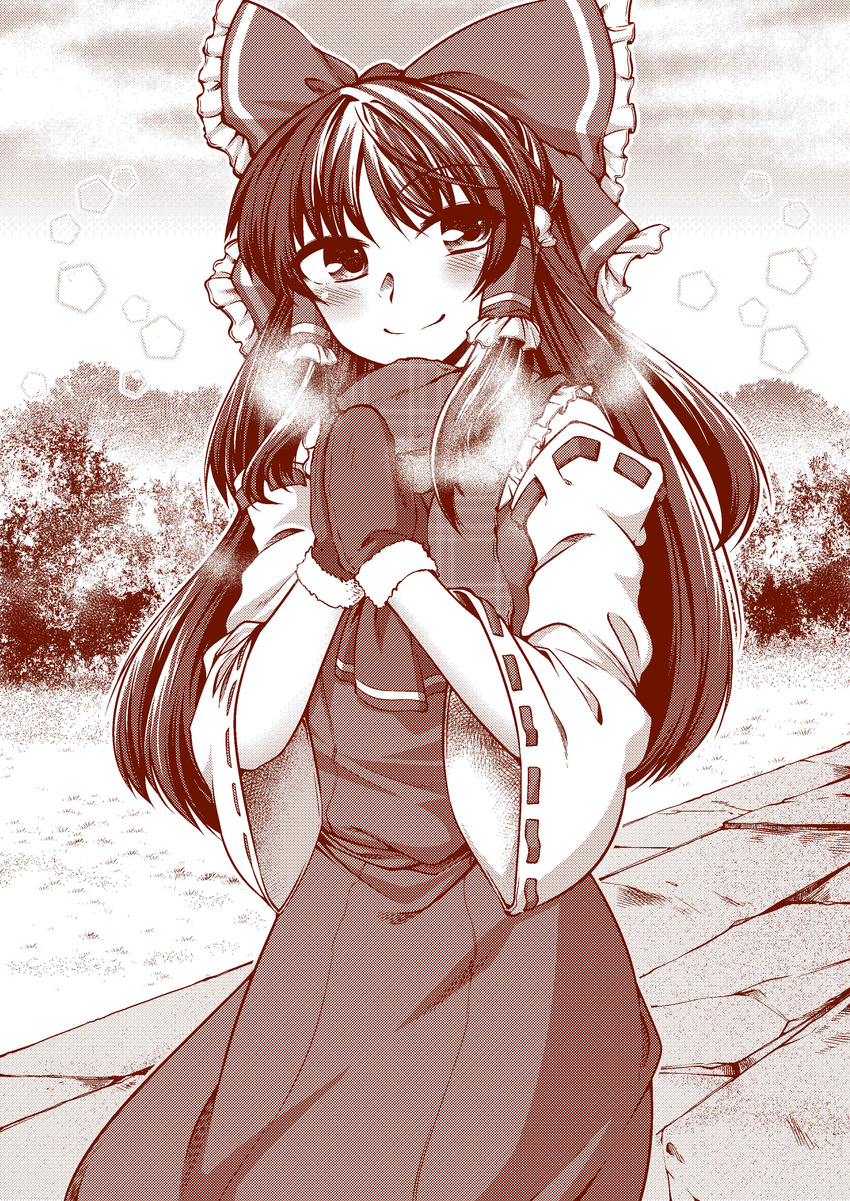 1girl absurdres adapted_costume ascot blush bow breath bush cold detached_sleeves dress frilled_bow frilled_shirt_collar frills ground hair_bow hair_tubes hakurei_reimu halftone hands_together highres long_hair looking_to_the_side mittens monochrome outdoors ribbon-trimmed_sleeves ribbon_trim scarf smile solo stone_walkway touhou wide_sleeves