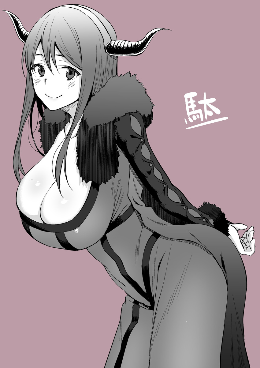 absurdres amano_don arms_behind_back blush breasts choker cleavage closed_mouth collarbone commentary_request cowboy_shot demon_girl demon_horns dress from_side fur_trim greyscale hair_between_eyes highres horns large_breasts leaning_forward long_hair looking_at_viewer looking_to_the_side maou_(maoyuu) maoyuu_maou_yuusha monochrome smile solo