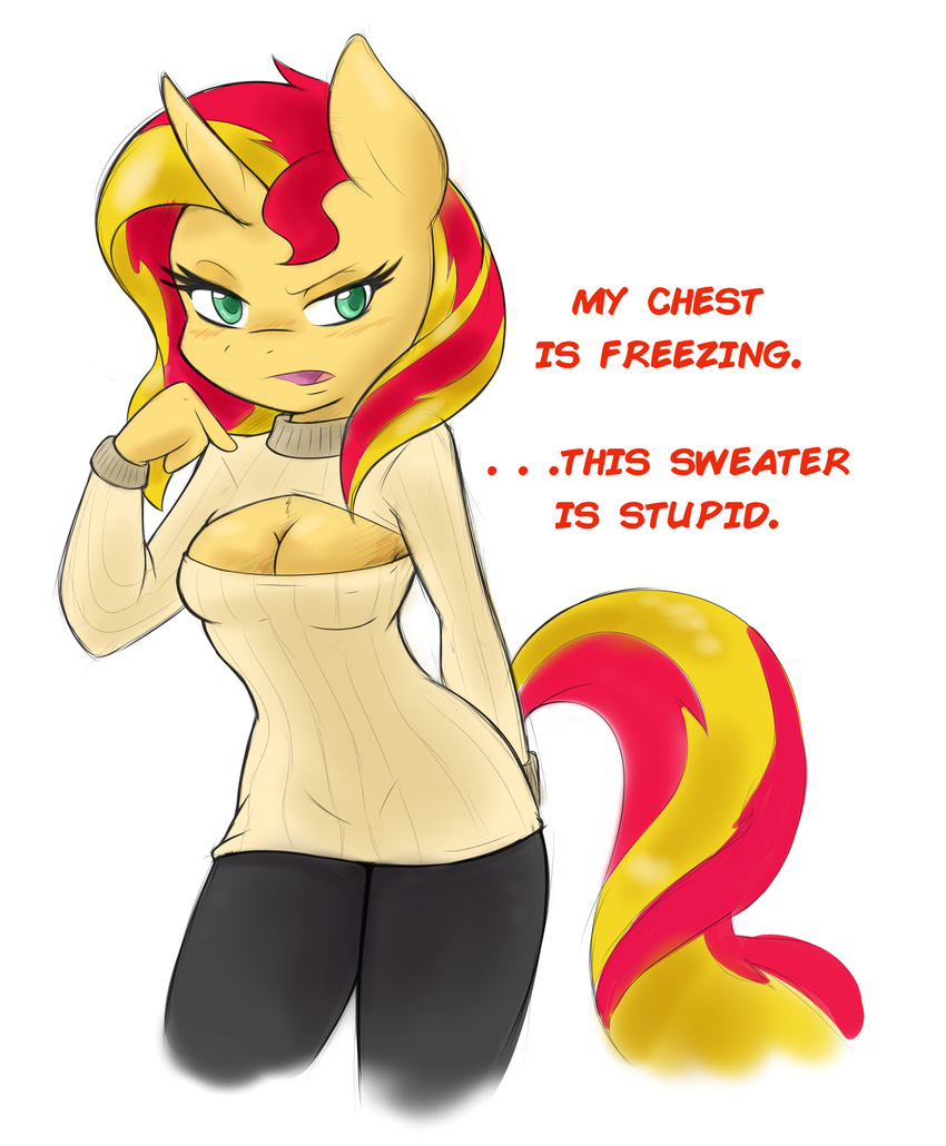 2014 ambris anthro anthrofied blonde_hair blush breasts cleavage clothed clothing dialogue english_text equestria_girls equine female green_eyes hair hi_res horn keyhole_turtleneck mammal multicolored_hair my_little_pony red_hair simple_background solo sunset_shimmer_(eg) sweater text two_tone_hair unicorn white_background