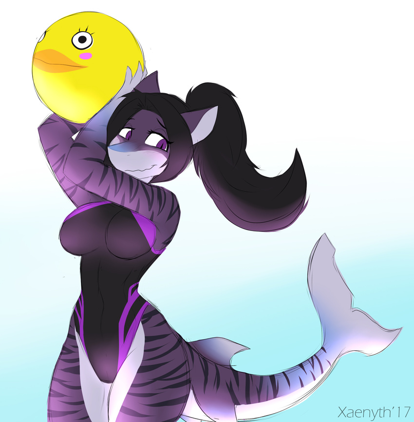 2017 anthro ball beach_ball breasts clothing female fish hair hi_res lila marine non-mammal_breasts purple_eyes shark simple_background sketch smile solo swimsuit thick_thighs white_background wide_hips xaenyth