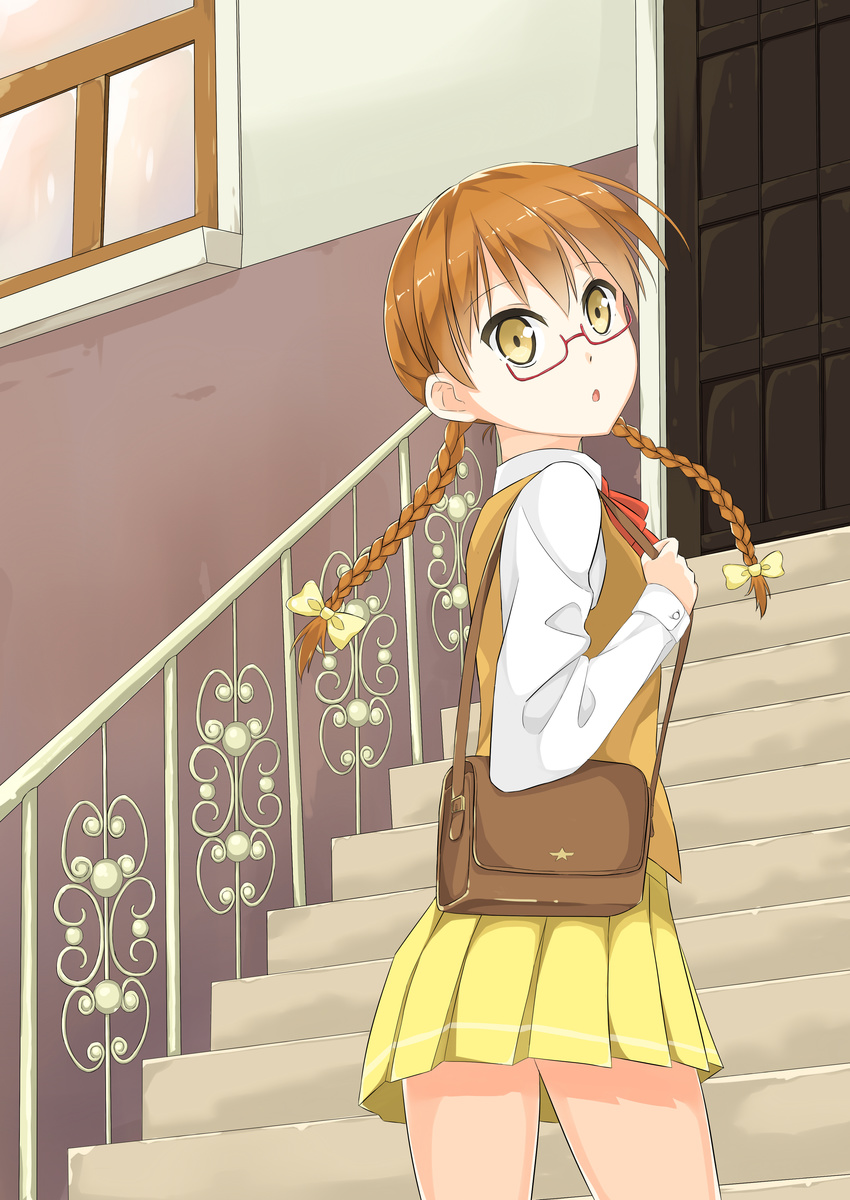 absurdres bag blush bow braid brown_eyes brown_hair door eyebrows_visible_through_hair glasses hair_bow handbag highres kantoku_(style) long_hair looking_at_viewer original parted_lips railing semi-rimless_eyewear skirt solo stairs tuya_yuanwang twin_braids yellow_bow yellow_skirt