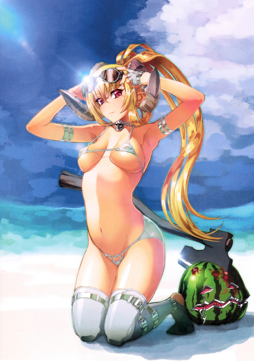 absurdres arm_belt arm_up armlet armpits arms_up axe beach belt bikini blonde_hair blue_sky breasts closed_mouth cloud cloudy_sky covered_nipples day demon_girl eyebrows_visible_through_hair fingerless_gloves food fruit gloves groin hair_between_eyes high_ponytail highres horns kneeling lens_flare long_hair lucifer_(the_seven_deadly_sins) medium_breasts micro_bikini midriff multiple_belts navel nishii_(nitroplus) ocean official_art outdoors pointy_ears ponytail red_eyes scan shore sky smile solo sunglasses sunlight swimsuit the_seven_deadly_sins thigh_strap thighhighs underboob very_long_hair water watermelon weapon white_bikini