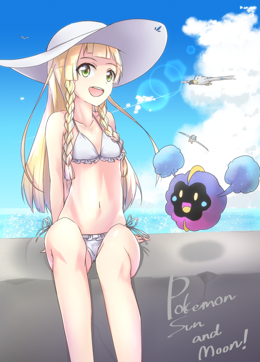 :d bangs bikini blonde_hair blue_sky blunt_bangs braid breasts cloud collarbone commentary_request condensation_trail copyright_name cosmog day frilled_bikini frills gen_3_pokemon gen_7_pokemon green_eyes hat highres lens_flare lillie_(pokemon) long_hair looking_at_viewer minowa_sukyaru navel open_mouth outdoors pokemon pokemon_(creature) pokemon_(game) pokemon_sm shadow side-tie_bikini sitting sky small_breasts smile stomach sun_hat swimsuit teeth twin_braids white_bikini white_hat wingull