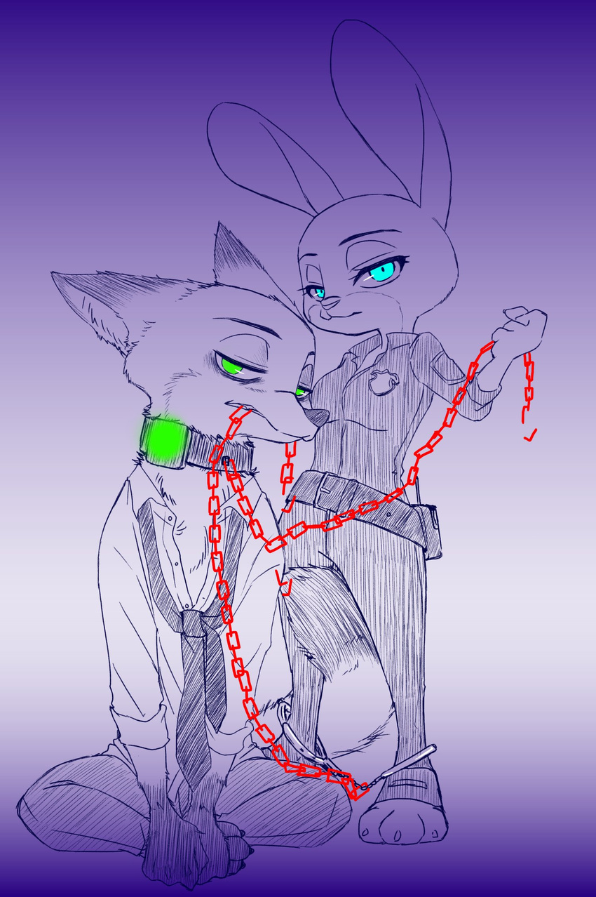 2017 anthro belt blue_eyes canine chain chain_leash clothed clothing collar disney duo female fox gradient_background green_eyes handcuffs holding_object inner_ear_fluff judy_hopps lagomorph leash looking_at_viewer male mammal mouth_hold necktie nick_wilde police_uniform puki purple_background rabbit restricted_palette shackles shock_collar simple_background sitting standing symbolism uniform zistopia zootopia