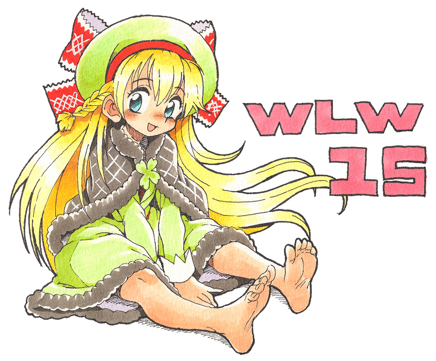 barefoot blonde_hair blue_eyes braid character_request clover dress feet four-leaf_clover hat hat_ribbon long_hair long_sleeves oyatsu_(mk2) ribbon shawl sitting smile soles solo toes traditional_media very_long_hair wonderland_wars