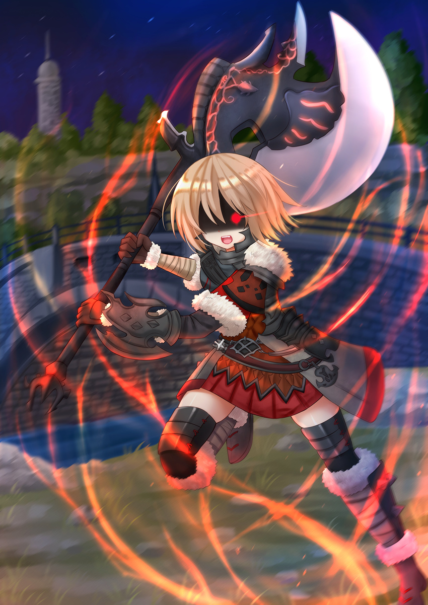 axe blanc brown_hair cosplay fighting_stance final_fantasy final_fantasy_xiv fur_trim gloves glowing glowing_eye highres huge_weapon kazenokaze neptune_(series) open_mouth shaded_face short_hair solo warrior_(final_fantasy) weapon