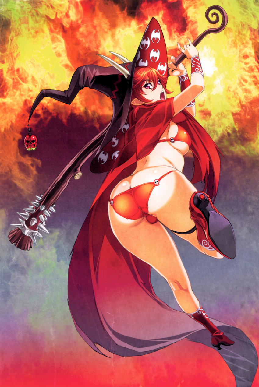 :o absurdres ass bikini boots breasts demon_girl fire hat high_heel_boots high_heels highres horns large_breasts long_hair looking_back nishii_(nitroplus) pointy_ears purple_eyes red_bikini red_hair satan_(the_seven_deadly_sins) scan sideboob skull solo staff swimsuit the_seven_deadly_sins thigh_strap witch_hat