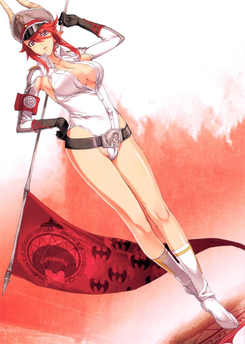 absurdres armband belt black_gloves breasts cleavage crossed_legs demon_girl demon_horns dutch_angle flag gloves hat highres horns large_breasts leotard long_hair long_legs nishii_(nitroplus) nitroplus no_bra official_art peaked_cap pointy_ears polearm red_eyes red_hair satan_(the_seven_deadly_sins) scan solo spear standing the_seven_deadly_sins weapon