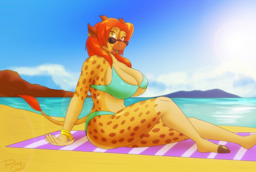 beach bikini bracelet breasts clothing ear_piercing ear_ring eyewear giraffe giraffid jewelry mammal piercing puzzle_(kadath) robthehoopedchipmunk seaside sunglasses swimsuit