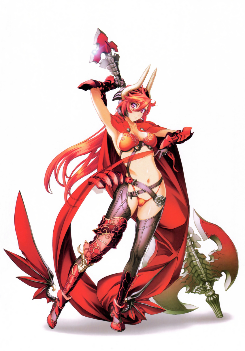 absurdres ankle_wings arm_up armor asymmetrical_legwear axe bangs battle_axe belt bikini_armor boots breasts cape closed_mouth collarbone demon_girl eyebrows_visible_through_hair full_body gloves hair_between_eyes highres holding holding_axe horns huge_weapon knee_boots large_breasts midriff navel nishii_(nitroplus) nitroplus official_art pointy_ears polearm purple_eyes red_cape red_hair revealing_clothes satan_(the_seven_deadly_sins) scan simple_background solo standing stomach the_seven_deadly_sins thighhighs v vambraces weapon weapon_on_back white_background