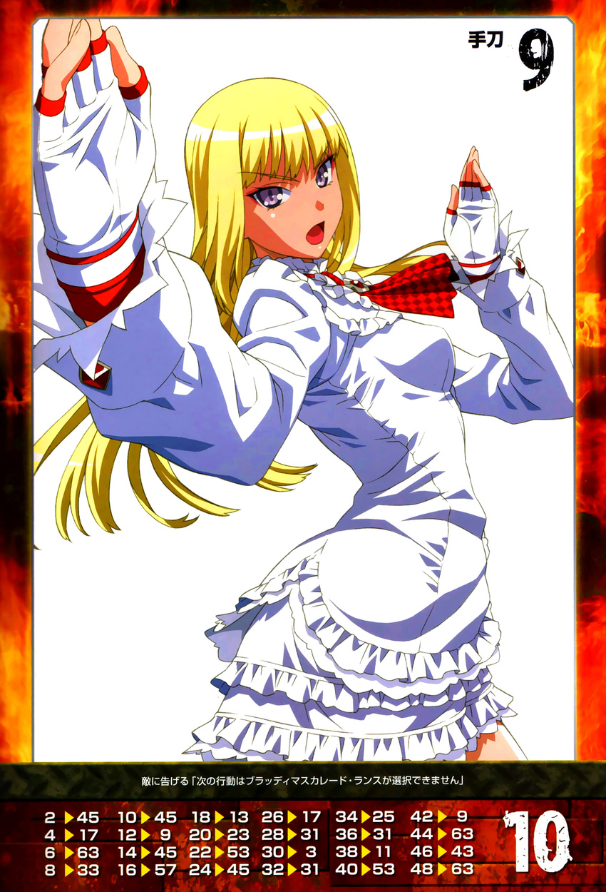 absurdres bangs blonde_hair breasts detached_sleeves dress eyebrows_visible_through_hair fingerless_gloves frilled_dress frills gloves highres lili_(tekken) long_hair long_sleeves looking_at_viewer medium_breasts morita_kazuaki official_art open_mouth queen's_gate short_dress simple_background solo tekken white_background