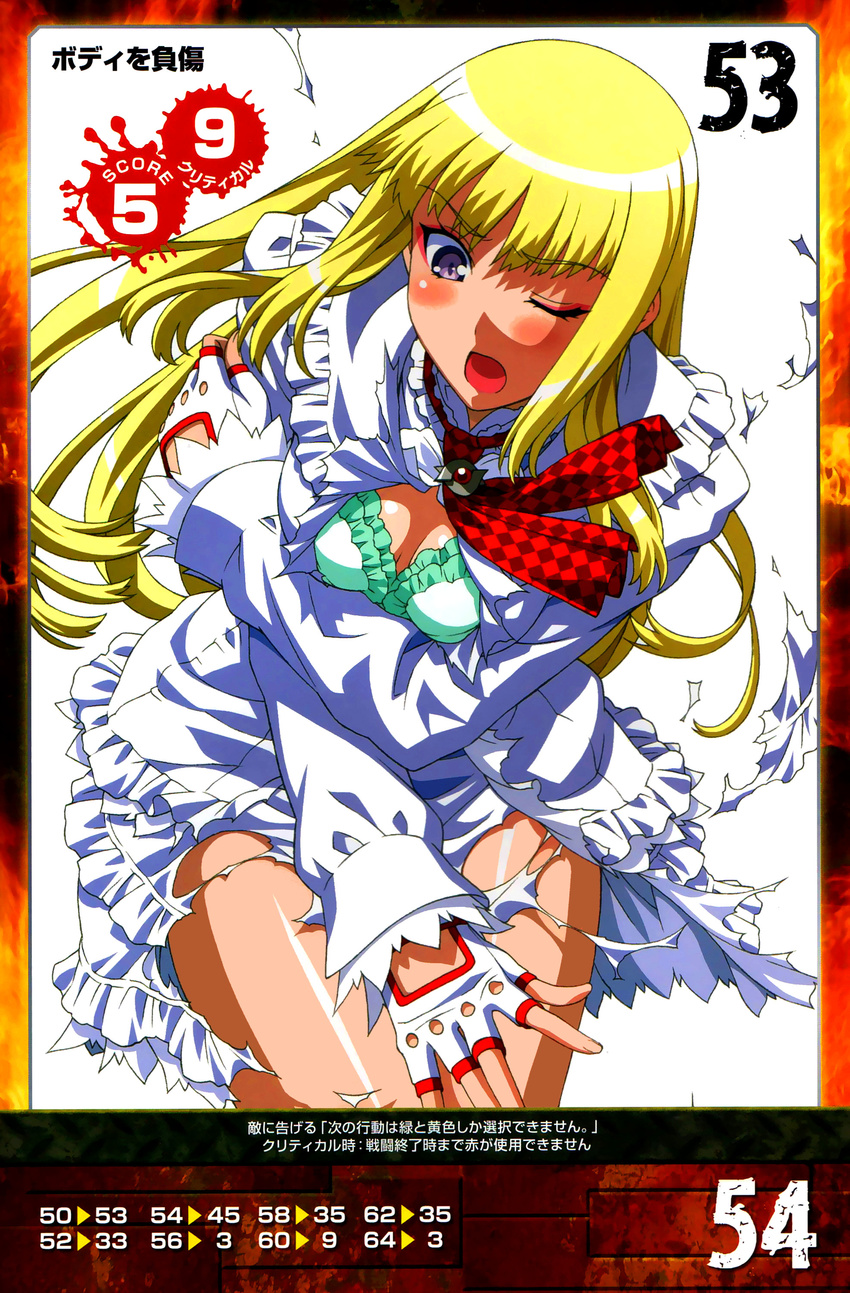 absurdres bangs blonde_hair blush bra breasts detached_sleeves dress eyebrows_visible_through_hair fingerless_gloves frilled_dress frills gloves highres lili_(tekken) long_hair long_sleeves medium_breasts morita_kazuaki official_art one_eye_closed open_mouth purple_eyes queen's_gate short_dress simple_background solo tekken torn_clothes underwear white_background