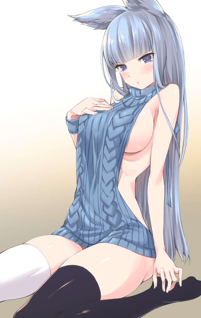 akanagi_youto animal_ears aran_sweater backless_dress backless_outfit bangs bare_back black_legwear blue_eyes blunt_bangs blush breasts dress erune granblue_fantasy highres korwa large_breasts long_hair looking_at_viewer meme_attire naked_sweater sideboob silver_hair sitting sleeveless sleeveless_turtleneck solo sweater sweater_dress thighhighs turtleneck turtleneck_sweater virgin_killer_sweater wariza white_legwear