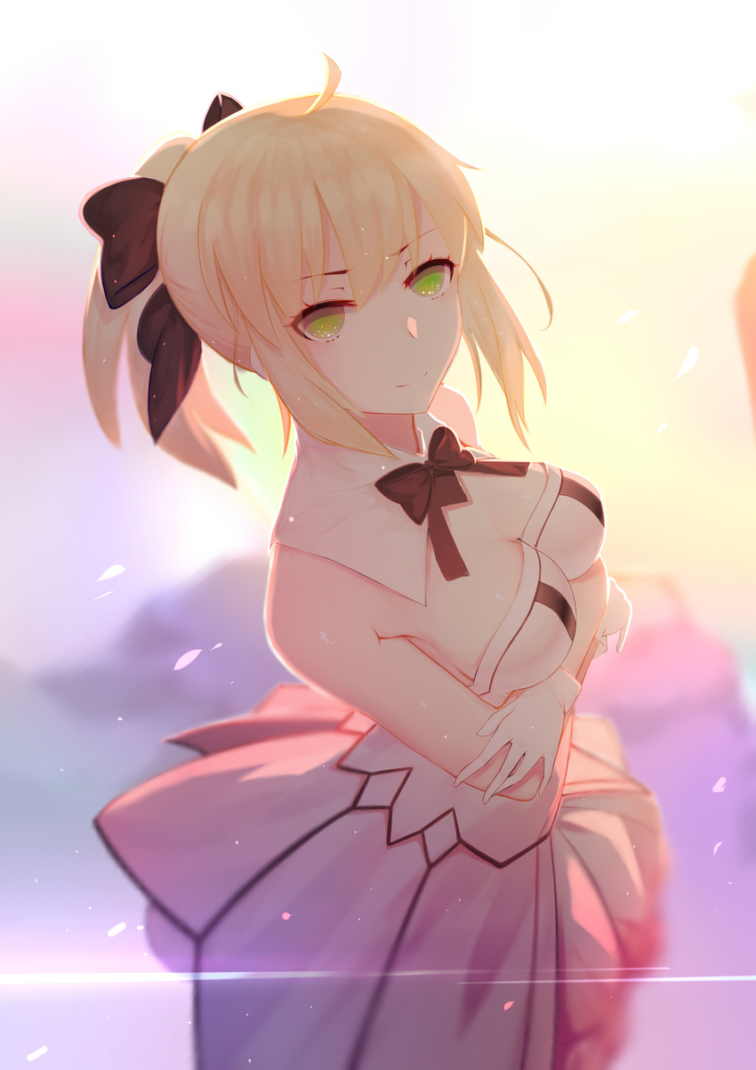 ahoge artoria_pendragon_(all) bare_shoulders black_bow blonde_hair bow breasts cleavage detached_collar dress fate/unlimited_codes fate_(series) from_above gloves green_eyes hair_bow highres kugutsu_(961598140) long_hair looking_at_viewer medium_breasts petals ponytail saber saber_lily sidelocks smile white_gloves
