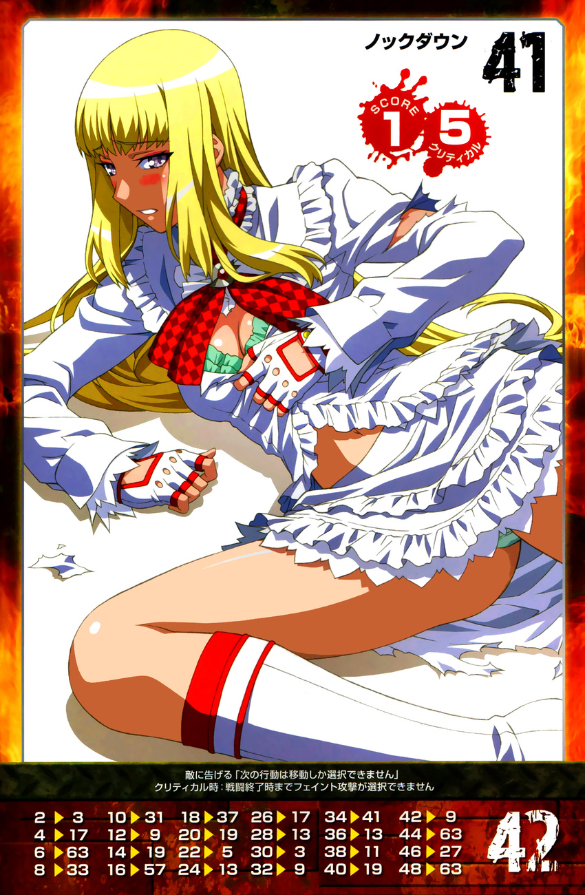 absurdres bangs blonde_hair blush boots bra breasts detached_sleeves dress eyebrows_visible_through_hair fingerless_gloves frilled_dress frills gloves highres knee_boots lili_(tekken) long_hair long_sleeves lying medium_breasts morita_kazuaki official_art on_side open_mouth panties purple_eyes queen's_gate short_dress simple_background solo tekken torn_clothes underwear white_background white_footwear