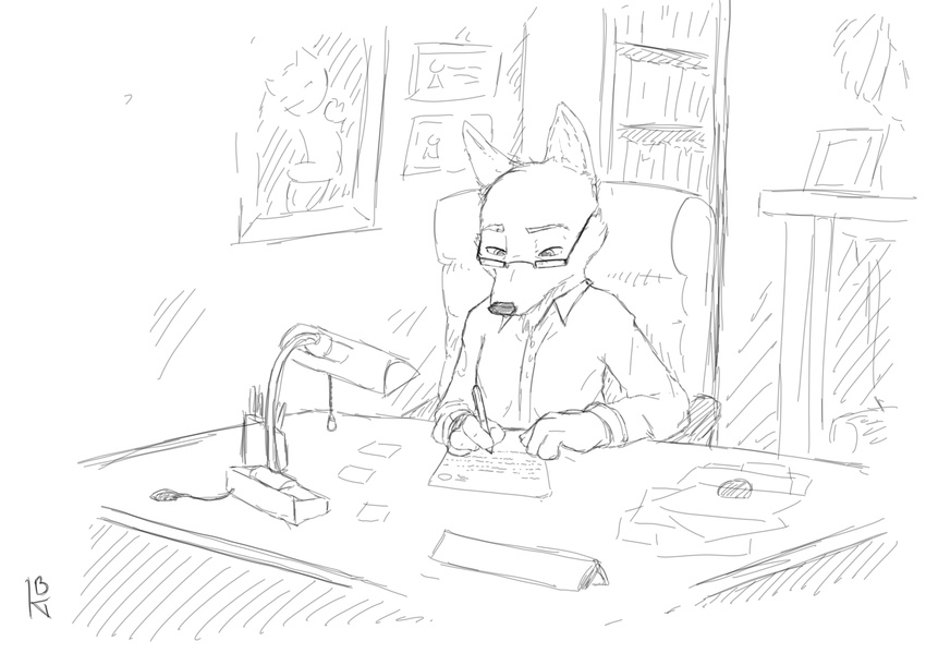 2017 anthro black_and_white canine clothed clothing desk eyewear fox glasses ittybittykittytittys lamp male mammal monochrome pen signature simple_background sitting solo white_background writing_(disambiguation)