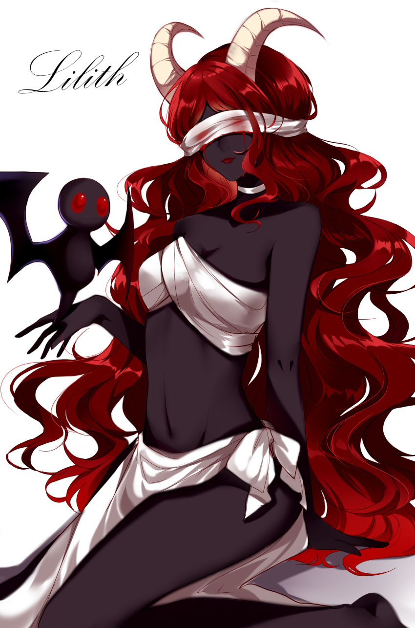 1girl absurdres arm_support bandage bare_arms bare_legs bare_shoulders barefoot blindfold blood breasts character_name choker cleavage collarbone commentary dark_skin demon feet_out_of_frame groin head_tilt highres horns lilith_(the_binding_of_isaac) lipstick long_hair makeup medium_breasts navel red_hair red_lipstick sarashi sarong shadow sheya simple_background sitting solo stomach symbol_commentary the_binding_of_isaac thighs very_long_hair wariza wavy_hair white_background white_choker