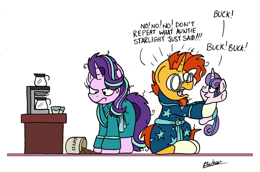 2017 angry beard beverage bobthedalek clothed clothing coffee english_text equine eyewear facial_hair female feral flurry_heart_(mlp) friendship_is_magic glasses group hair hi_res horn male mammal multicolored_hair my_little_pony open_mouth simple_background starlight_glimmer_(mlp) sunburst_(mlp) text two_tone_hair unicorn white_background winged_unicorn wings