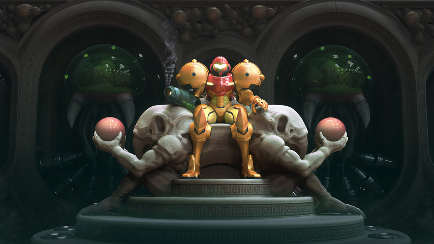 1girl arm_cannon ball chozo indoors metroid metroid_(creature) nintendo power_suit samus_aran sitting smoke solo statue throne varia_suit weapon