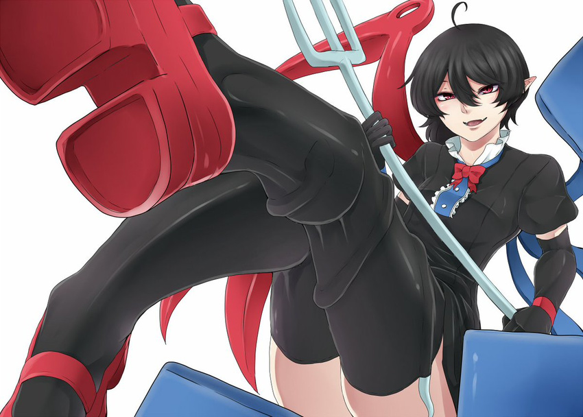 1girl black_dress black_hair bow dress dutch_angle fangs gloves houjuu_nue legs long_gloves mary_janes ninonini open_mouth pointy_ears red_eyes short_hair sitting small_breasts smile solo thighhighs touhou trident white_background