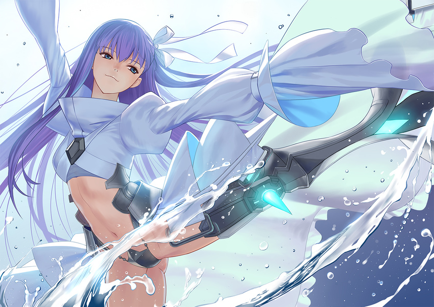armor armored_boots blue_eyes boots crotch_plate fate/extra fate/extra_ccc fate/grand_order fate_(series) hair_ribbon long_hair long_sleeves md5_mismatch meltlilith navel purple_hair revealing_clothes ribbon solo tsukikanade very_long_hair water