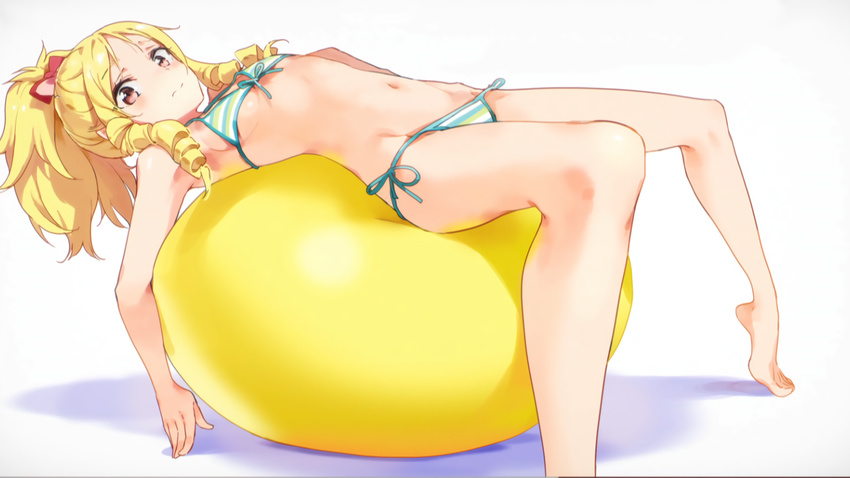 ball bare_shoulders bikini bow breasts brown_eyes drill_hair eromanga_sensei exercise_ball front-tie_bikini front-tie_top groin hair_bow high_ponytail highres long_hair looking_at_viewer lying navel on_back red_bow red_eyes side-tie_bikini sideboob simple_background small_breasts solo striped striped_bikini swimsuit tiv twin_drills underboob white_background yamada_elf