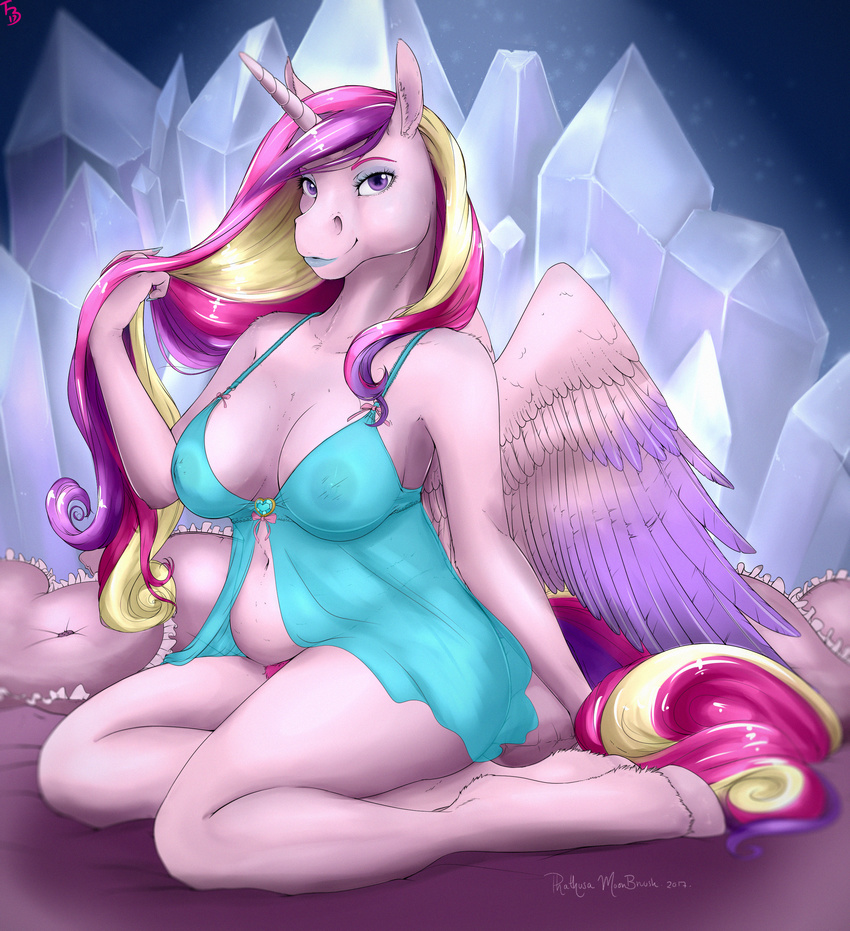 2017 absurd_res anthro anthrofied areola blue_lipstick clothing equine eyeshadow female friendship_is_magic hi_re hi_res horn kneeling lingerie lipstick looking_at_viewer makeup mammal my_little_pony phathusa pose princess_cadance_(mlp) purple_eyes slightly_chubby solo winged_unicorn wings