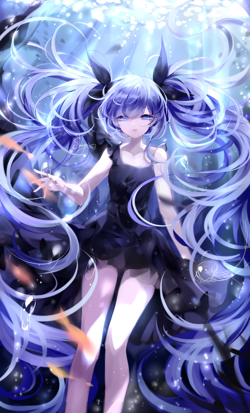 1girl absurdres air_bubble artist_name bangs bare_arms bare_legs bare_shoulders black_dress black_ribbon blue_eyes blue_hair bubble collarbone commentary dress eyebrows_visible_through_hair eyelashes feet_out_of_frame fish hair_ribbon hatsune_miku highres light_rays long_hair looking_at_viewer open_mouth ribbon sheya short_dress signature smile solo symbol_commentary thighs twintails underwater very_long_hair vocaloid