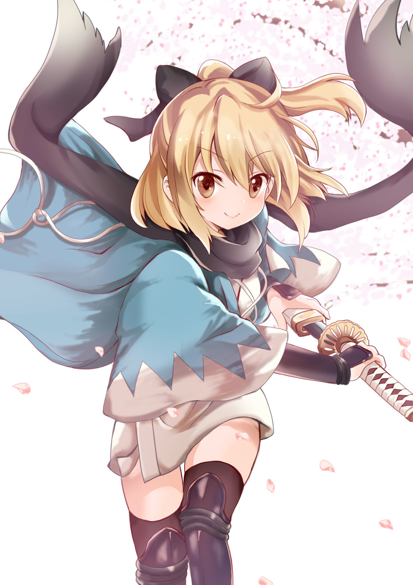 &gt;:) bangs black_bow black_legwear black_scarf blonde_hair bow bracer brown_eyes commentary eyebrows_visible_through_hair fate_(series) hair_bow highres holding holding_sword holding_weapon japanese_clothes katana kimono looking_at_viewer massala okita_souji_(fate) okita_souji_(fate)_(all) petals revision scarf sheath short_hair smile solo sword thighhighs unsheathing v-shaped_eyebrows weapon