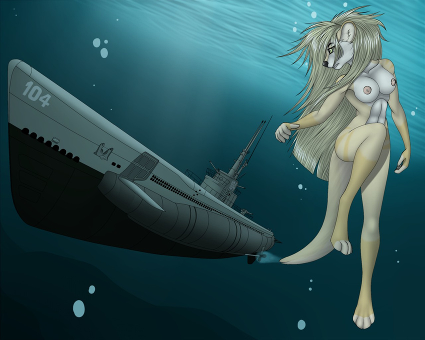 4_toes 5_fingers anthro blonde_hair breasts female hair mammal mustelid nipples nude otter solo submarine tales_foxdale toes underwater vehicle water