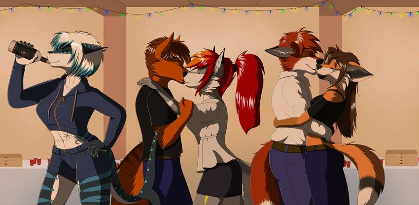 5_fingers alcohol anthro beverage black_nose brown_fur brown_hair canine detailed_background drinking female fish fox fur group hair invalid_tag kissing male mammal marine midriff red_hair shark smile tales_foxdale vodka white_hair wolf