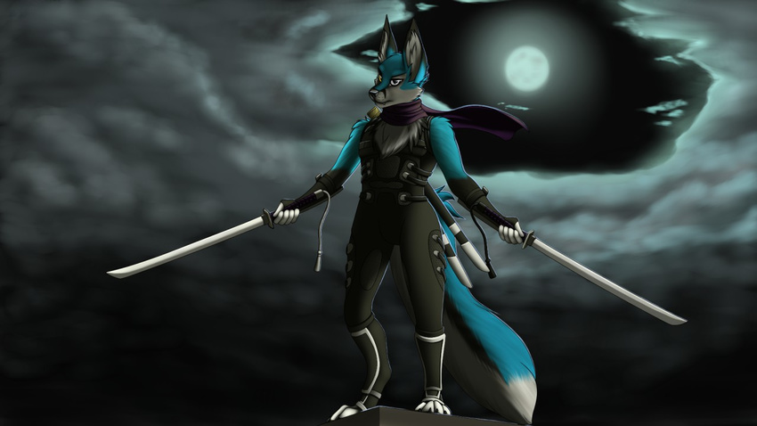 4_toes 5_fingers anthro blue_fur canine clothed clothing digitigrade fox fur holding_object holding_weapon inner_ear_fluff male mammal melee_weapon moon night outside solo sword tales_foxdale toes weapon