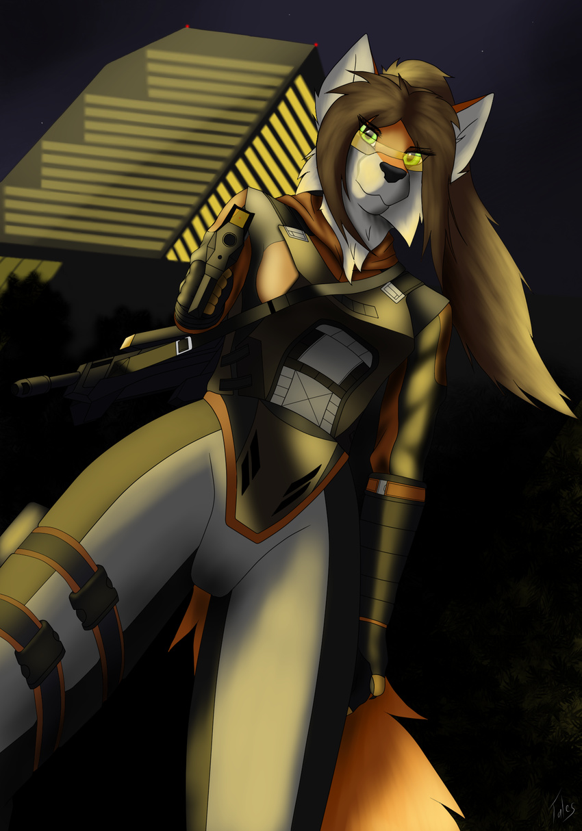 5_fingers anthro black_nose brown_hair canine clothed clothing eyelashes female fox green_eyes gun hair holding_object holding_weapon mammal ranged_weapon solo tales_foxdale weapon