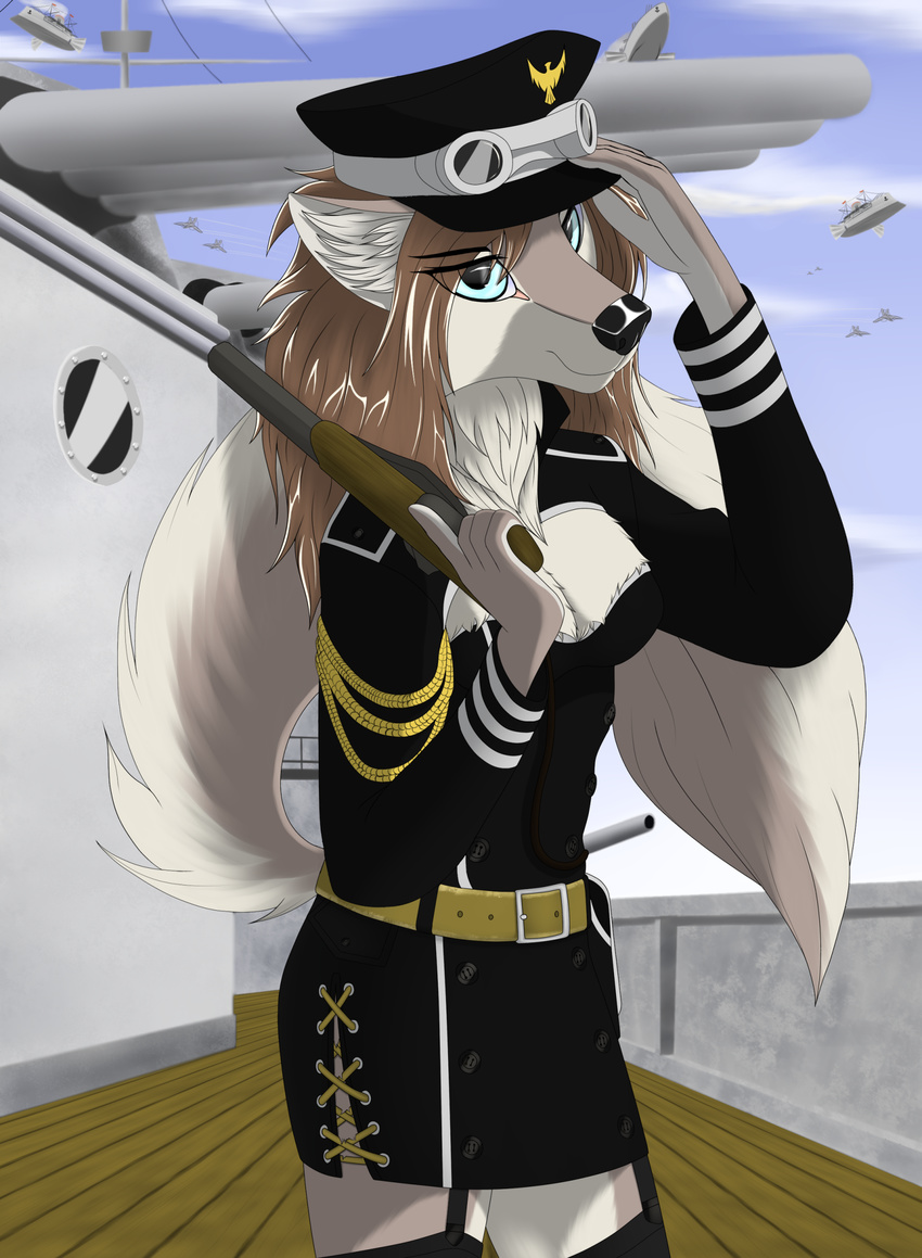 5_fingers anthro arctic_fox black_nose brown_fur canine day fox fur green_eyes gun hat holding_object holding_weapon inner_ear_fluff mammal outside ranged_weapon sky smile standing tales_foxdale weapon