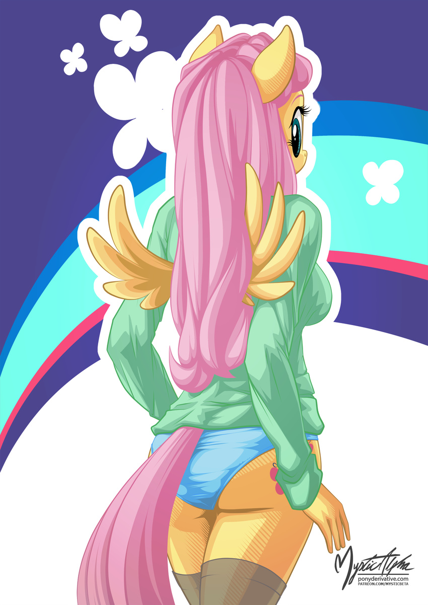 2016 anthro anthrofied blue_eyes butt clothing cutie_mark equine feathered_wings feathers female fluttershy_(mlp) friendship_is_magic hair hi_res legwear looking_at_viewer looking_back mammal my_little_pony mysticalpha panties pegasus pink_hair solo spread_wings stockings underwear wings yellow_feathers