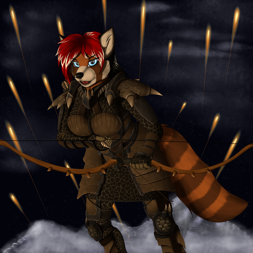 anthro arrow black_nose blue_eyes bow clothed clothing female hair holding_object holding_weapon mammal open_mouth red_hair red_panda sky solo star starry_sky tales_foxdale teeth tongue weapon