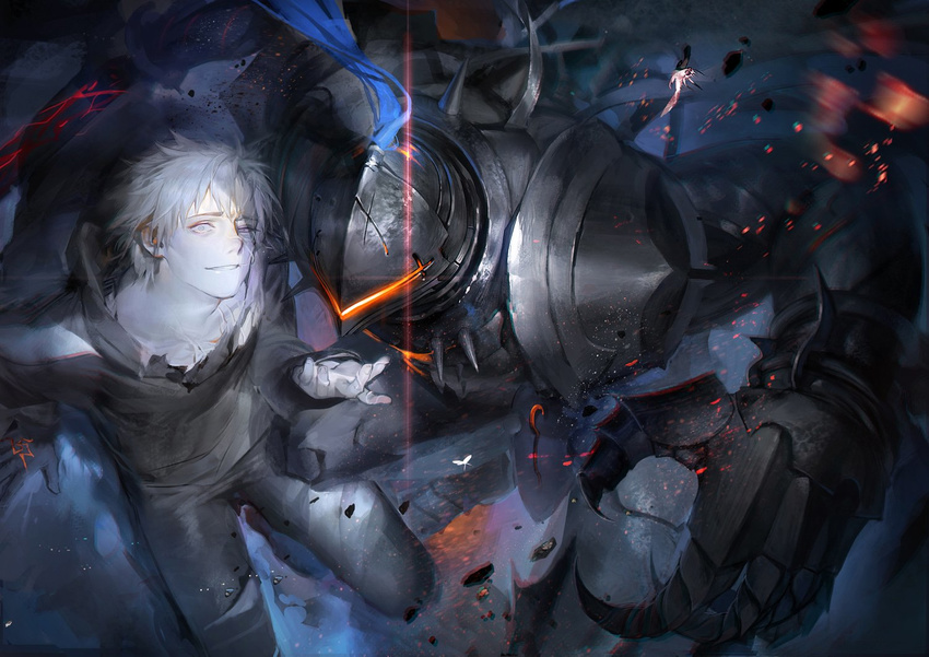 armor arondight berserker_(fate/zero) bug command_spell commentary_request fate/zero fate_(series) full_armor hood hoodie insect knight liduke looking_at_viewer male_focus matou_kariya moth multiple_boys pale_skin scar short_hair smile sword weapon white_eyes white_hair