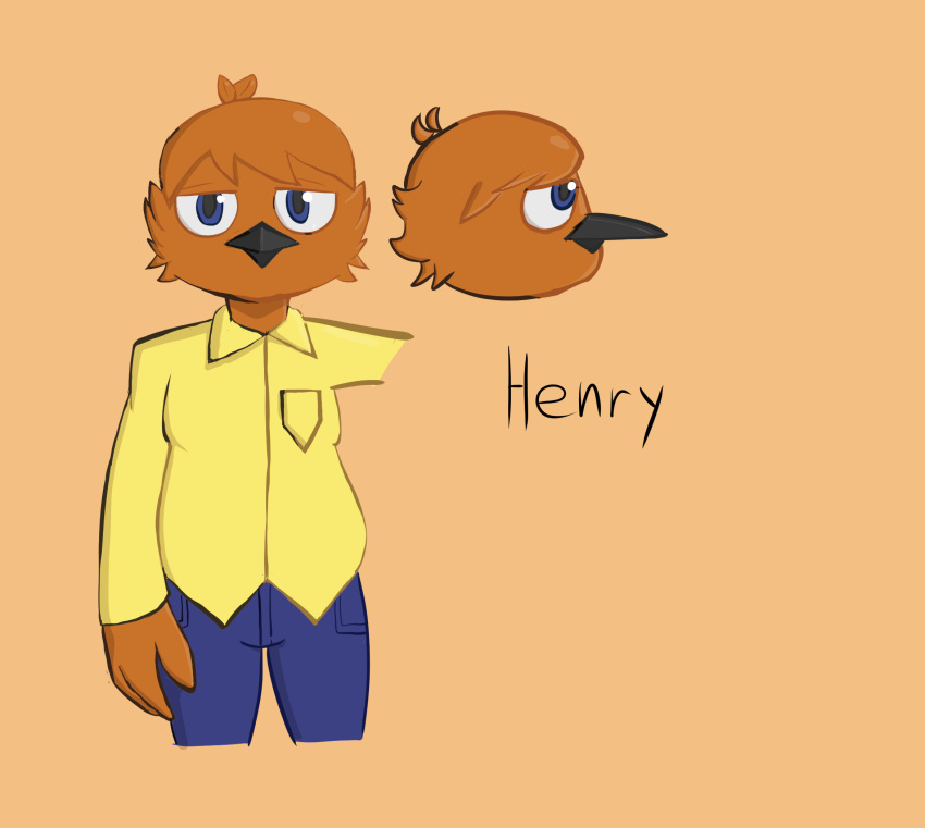 avian blue_eyes clothing feathers henry_(henryart) henryart male orange_feathers solo