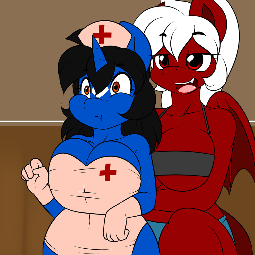 2015 anthro big_breasts breasts brown_eyes chilly_pepper cleavage clothed clothing dragon duo equine fan_character female gloves hat hi_res horn huge_breasts hybrid klodette kloudmutt mammal membranous_wings my_little_pony nurse nurse_hat nurse_uniform open_mouth red_eyes teeth tongue unicorn uniform wide_hips wings