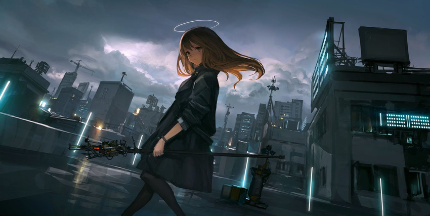 billboard brown_eyes brown_hair building city cloud cloudy_sky coat crane dutch_angle from_side halo holding holding_staff light_frown lm7_(op-center) looking_at_viewer original outdoors radio_antenna rooftop sky skyscraper solo staff wind