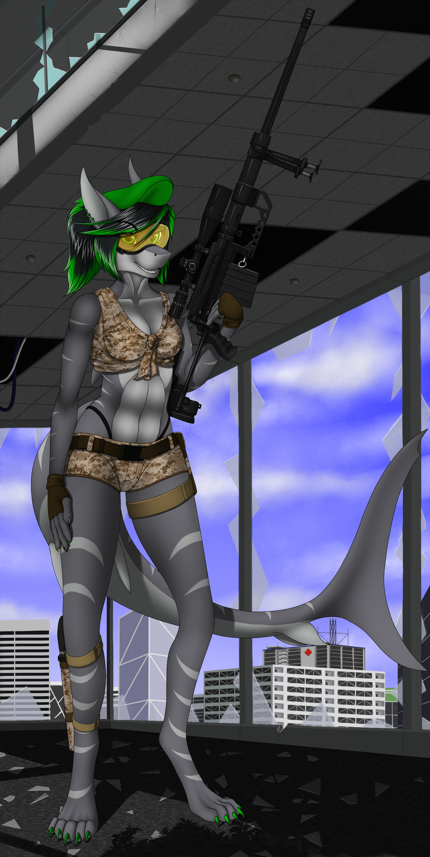 5_fingers 5_toes anthro barefoot breasts clothed clothing detailed_background digitigrade ear_piercing eyewear female fish goggles green_eyes gun hair holding_object holding_weapon marine midriff navel non-mammal_breasts piercing ranged_weapon shark smile tales_foxdale toes weapon