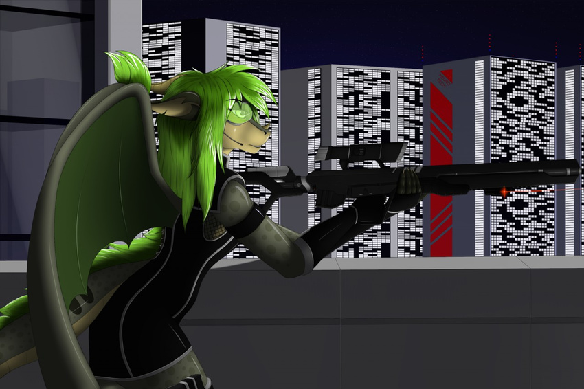 5_fingers anthro clothed clothing dragon female green_eyes green_hair gun hair holding_object holding_weapon membranous_wings ranged_weapon solo tales_foxdale weapon wings