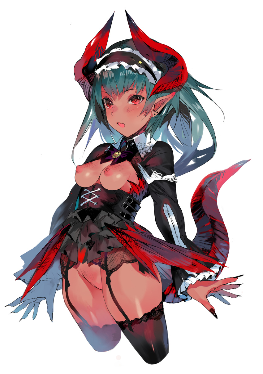 arms_at_sides bad_id bad_twitter_id bangs black_dress black_legwear black_nails black_shirt bow bowtie breasts breasts_outside brooch corset cowboy_shot dragon_girl dragon_horns dragon_tail dress earrings fang fingernails frilled_sleeves frills garter_straps green_hair highres horns jewelry long_fingernails long_sleeves magaeshi maid_headdress medium_breasts nail_polish nipples open_mouth original pointy_ears puffy_nipples purple_bow purple_neckwear pussy red_eyes sharp_fingernails shirt simple_background small_breasts solo standing stud_earrings tail thighhighs uncensored white_background