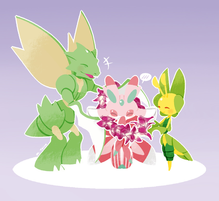 blush closed_eyes dino_(tdino) gen_1_pokemon gen_5_pokemon gen_7_pokemon holding leavanny lei lurantis no_humans orchid orchid_mantis pink_wings pokemon pokemon_(creature) purple_background scythe scyther wings yellow_wings