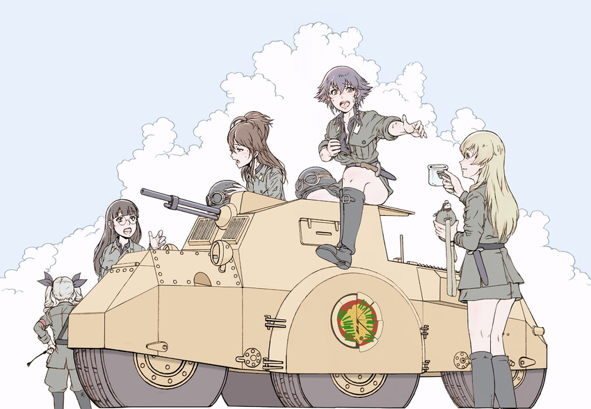 amaretto_(girls_und_panzer) anchovy anzio_(emblem) anzio_military_uniform armored_vehicle blonde_hair blush brown_hair canteen carpaccio character_request commentary_request cup dagger drill_hair emblem girls_und_panzer glasses goggles goggles_on_headwear ground_vehicle gun helmet highres long_hair machine_gun military military_uniform multiple_girls open_clothes open_shirt pepperoni_(girls_und_panzer) riding_crop shirt short_hair smile sweat thighs twintails uniform vespa-caproni weapon yoshikawa_kazunori