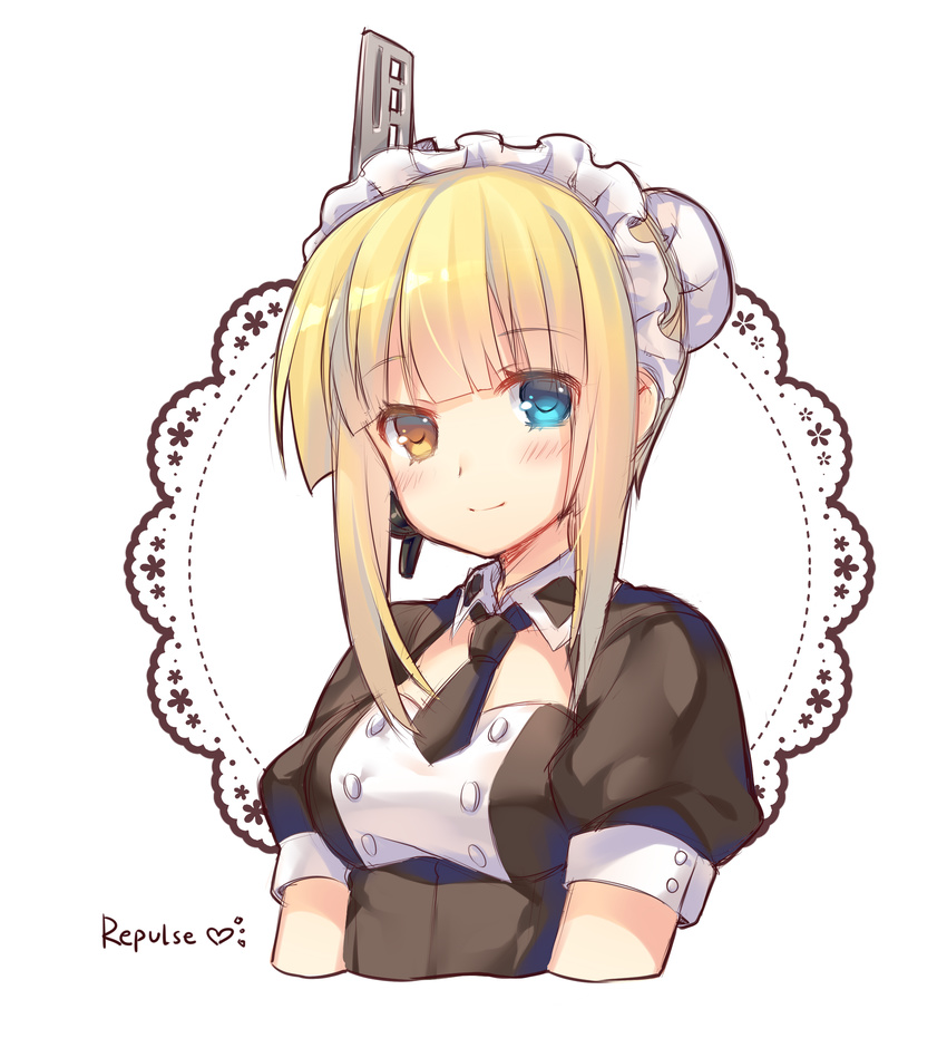 absurdres bangs black_dress black_neckwear blonde_hair blue_eyes blunt_bangs blush buttons character_name closed_mouth dress eyelashes hair_bun half_updo headphones heterochromia highres jiang-ge looking_at_viewer maid maid_headdress necktie portrait repulse_(zhan_jian_shao_nyu) short_sleeves simple_background smile solo tied_hair yellow_eyes zhan_jian_shao_nyu