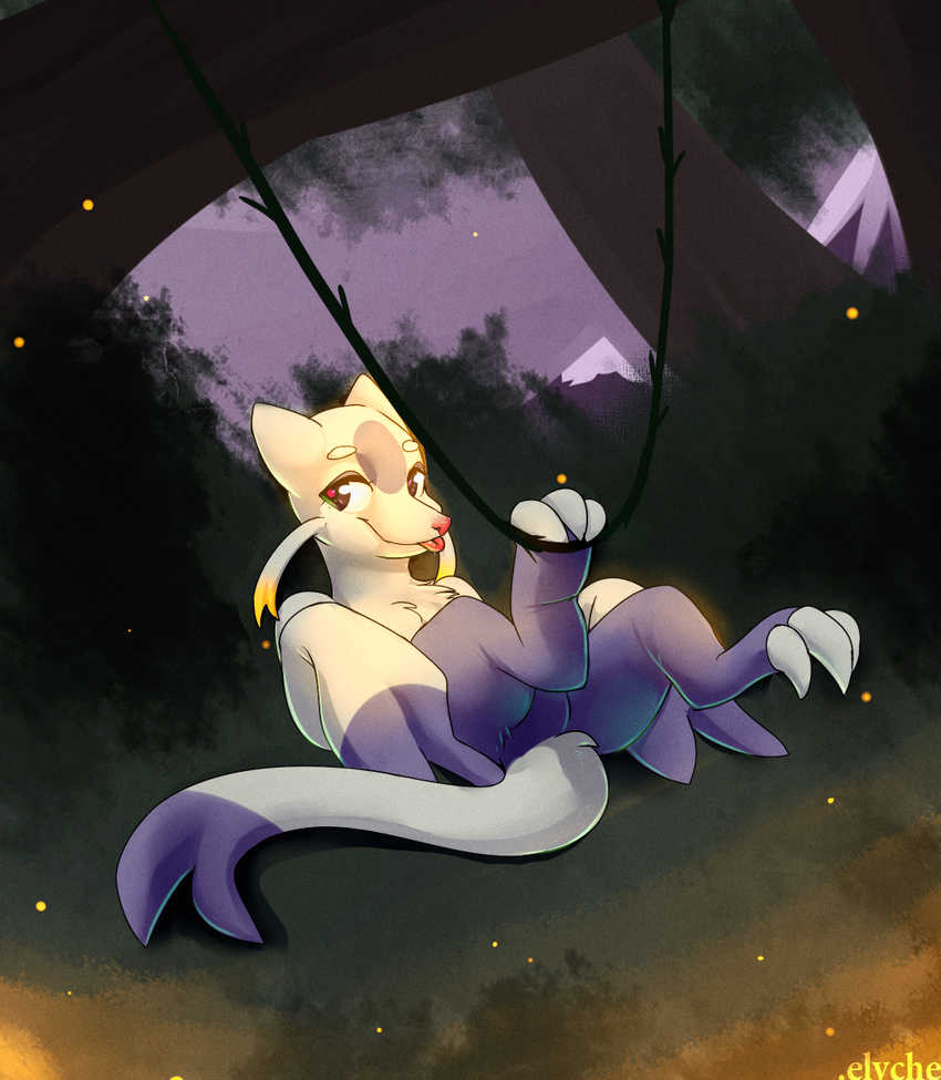 elvche feral_paw forest invalid_tag lay_on_back mienshao nintendo paws pok&eacute;mon tree video_games