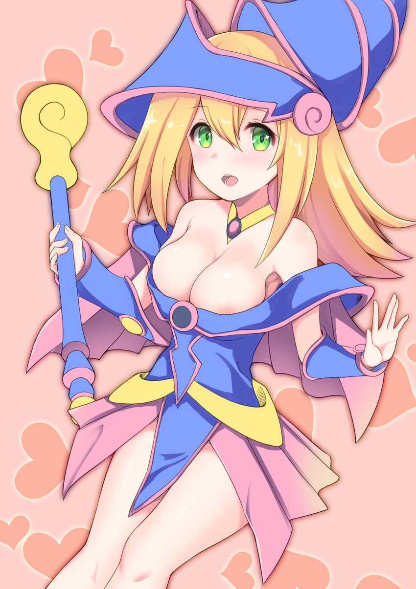 areola_slip areolae bare_shoulders blonde_hair blush blush_stickers breasts choker cleavage cyoujineko dark_magician_girl duel_monster green_eyes hat highres large_breasts long_hair nipple_slip nipples open_mouth pentacle smile solo staff wizard_hat yuu-gi-ou yuu-gi-ou_duel_monsters