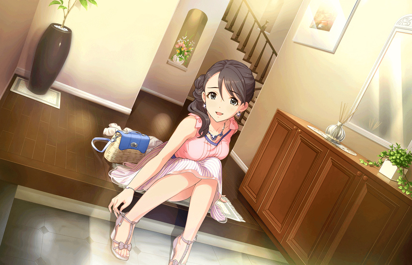 artist_request bag bracelet brown_hair earrings full_body green_eyes handbag high_heels idolmaster idolmaster_cinderella_girls idolmaster_cinderella_girls_starlight_stage jewelry looking_at_viewer nishikawa_honami official_art sandals solo