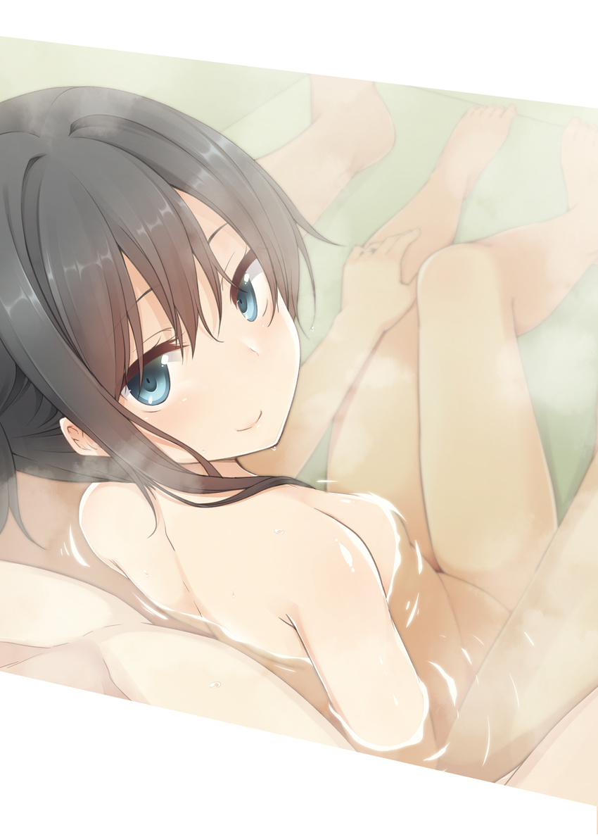 1girl asashio_(kantai_collection) barefoot bathing black_hair blue_eyes breasts closed_mouth convenient_censoring dutch_angle half-closed_eyes hand_on_own_knee highres kantai_collection looking_at_viewer looking_back mixed_bathing nagami_yuu non-web_source nude partially_submerged pov sitting sitting_on_lap sitting_on_person small_breasts smile steam